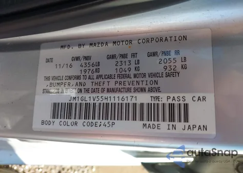 2017 Mazda Mazda6 Touring from USA, damaged, VIN JM1GL1V55H1116171